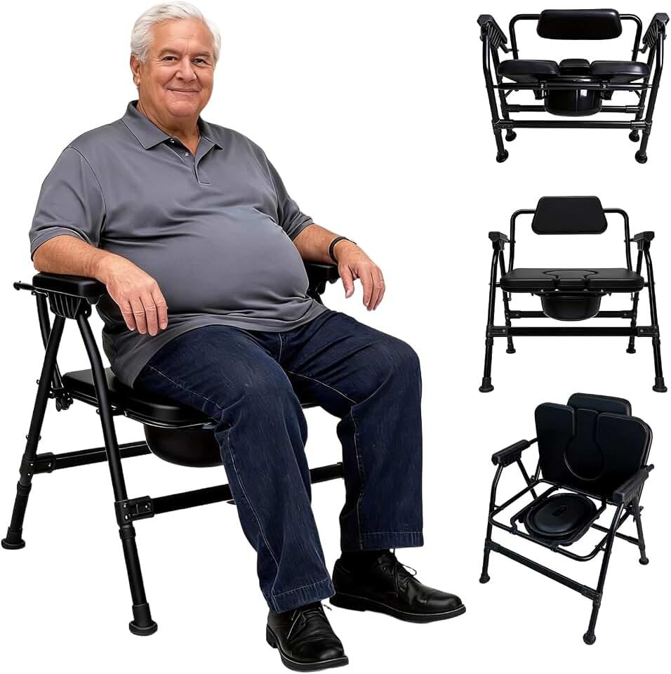 Heavy-Duty Large Bone Bedside Commode, Black | 800lbs Weight Capacity, Extra-Wide Padded Seat, Adjustable Height, Folding Toilet Chair