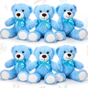 Aoriher 6 Pieces Valentines 10 Inch Bear Bulk Stuffed Animal Baby Shower Soft Cute Bear Plush Toys Sleeping and Playing Valentines Baby Shower Birthday Party Favor Decorations (Blue)