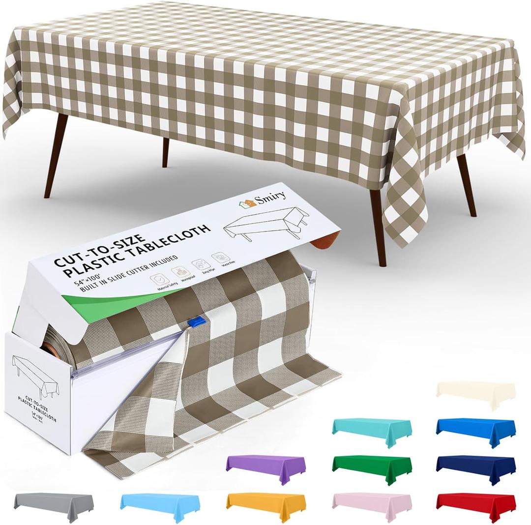 Smiry 54 Inch x 300 Feet Disposable Table Cover Roll, Khaki & White Plastic Table Cloth in Cut-to-Size Box with Slide Cutter, Waterproof Rectangle Tablecloths for Weddings, Banquets, Outdoor