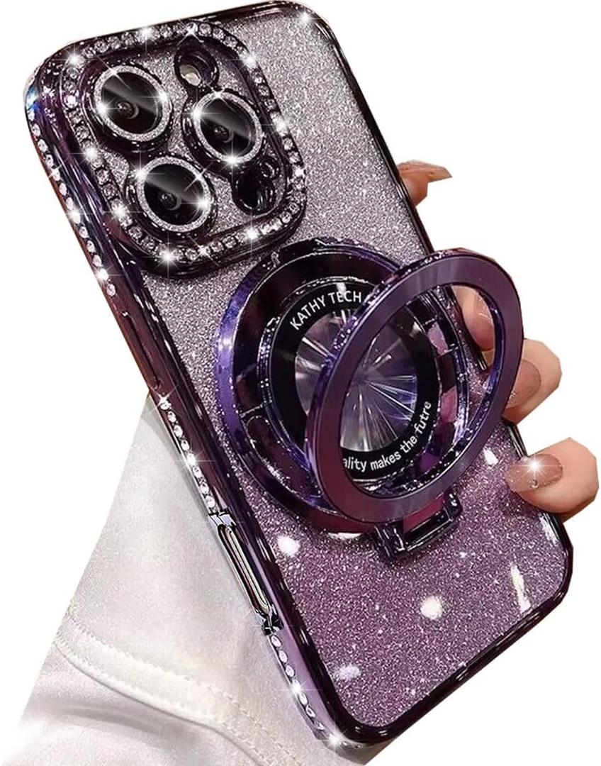 Changjia Magnetic Kickstand Glitter Case for iPhone 16 Pro Max, [Compatible with Magsafe] Luxury Bling Sparkly Diamond Rhinestones with Camera Protector Women Girls Case for iPhone 16 Pro Max (Purple)
