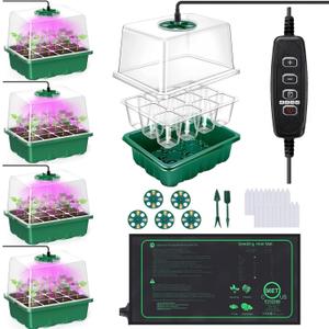 Seed Starter Tray with Heat Mat and Grow Light,5 Pack Seedling Starter Trays with Time Controller, Seedling Starter Tray with Adjustable Brightness, Seed Starting Kit with Adjustable Humidity