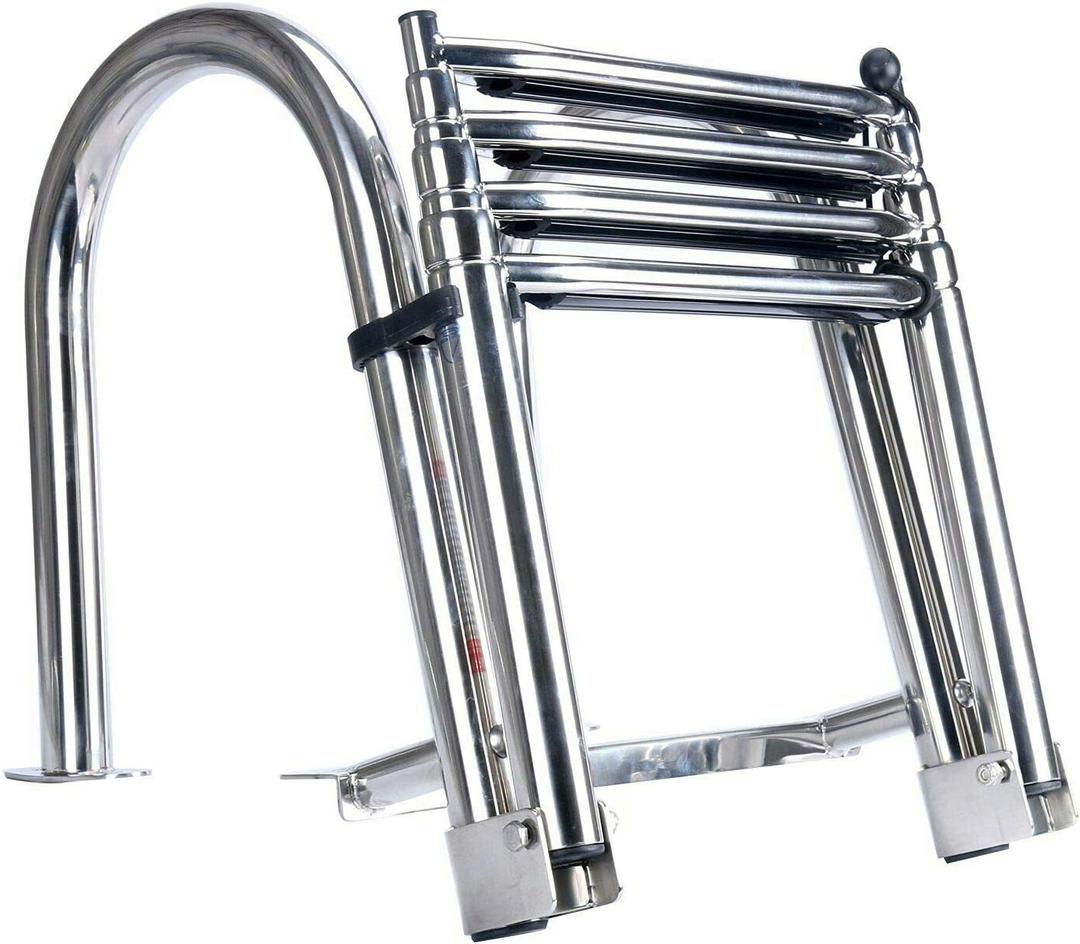 Amarine Made Boat Ladder 4 Steps Removable Premium Stainless Folding Rear Entry Pontoon Boat Ladder w/Extra Wide Step