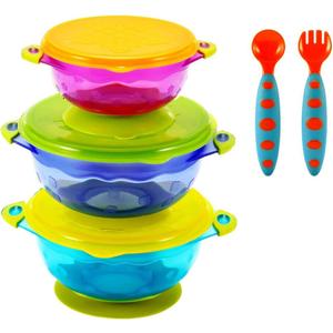 PandaEar Stay Put Spill Proof Stackable Baby Suction Bowls 3 Sizes for Toddlers with Silicone Feeding Utensils and Secure Lids BPA Free
