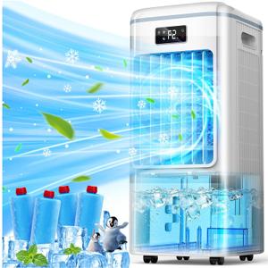 Portable Air Conditioners, Swamp Cooler with 4 Modes 3 Speeds, 4 Ice Packs, Windowless Air Conditioner w/12H Timer, 120°Oscillation, Evaporative Air Cooler Fan for Room Bedroom Home Office (White)