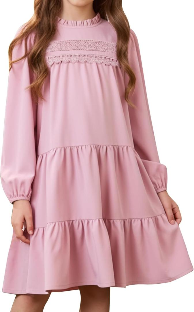 Sunny Spirit Girl's Long Sleeve Dress Tween Fall Formal Party Midi Tiered Flowy Swing Dresses 5-14 Year (6-7 Years, Pink)