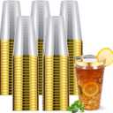 YOUTHSHIP 200 Pcs 16 oz Disposable Gold Rimmed Plastic Cups Heavy Duty Elegant Fancy Disposable Hard Plastic Cups With Gold Rim For Weddings Festivals and Elegant Parties