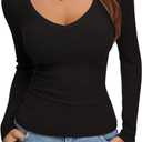 REORIA Womens Long Sleeve Shirts 2025 Fall Trendy Deep V Neck Slim Fit Basic Tops Casual Going Out Top Tee Blouse (Black, S)