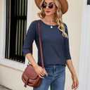 Kancystore Womens 3/4 Length Sleeve Tops Casual Loose Fit Tunic Shirts Crewneck Basic Tees (Blue)