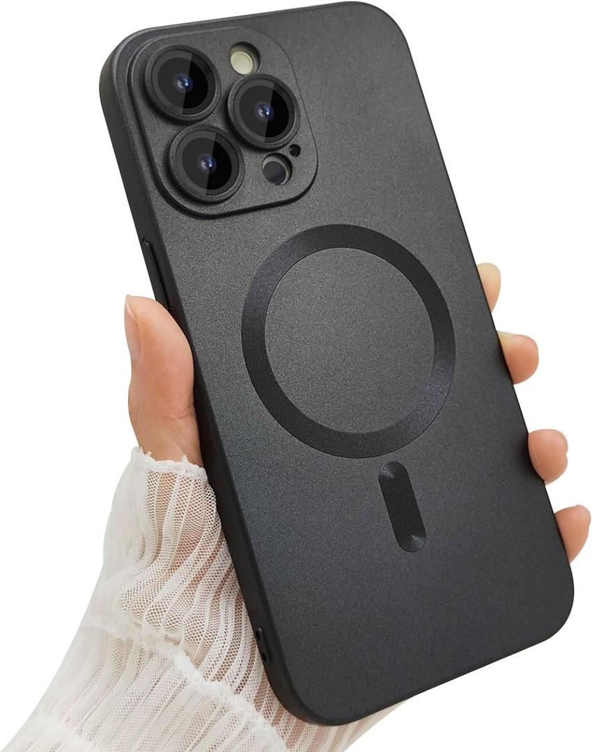 Magnetic case for iPhone 13 Pro Max Phone Case for Women, Matte Luxury Soft Metallic Luster Design with Camera Lens Protector, Compatible with Magsafe Case for iPhone 13 Pro Max 6.7"-Black