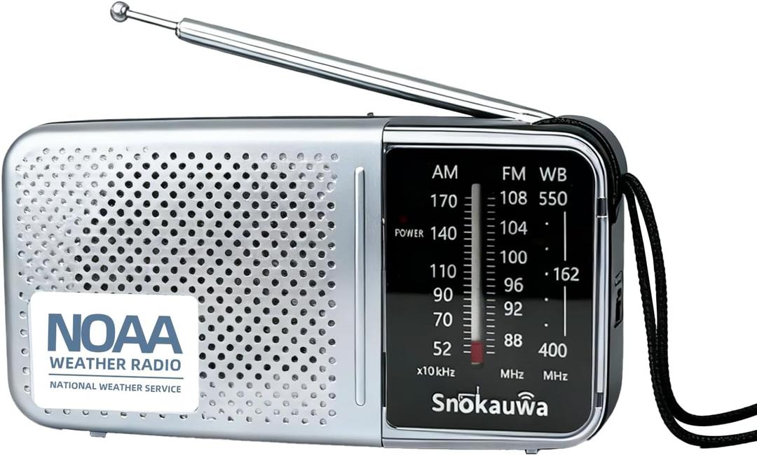 Snokauwa NOAA Weather Radio, AM FM Battery Operated Transistor Radio Portable，2 AA Batteries, Excellent Reception, Headphone Jack—Hurricane & Everyday Carry Essential (Silver)