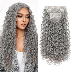 Flufymooz Clip in Hair Extensions, 4PC 100 Pure Protein Silk Hair Extensions Long Soft Natural Hairpiece 20 Inch Curly Hair Extension for Women-Grey