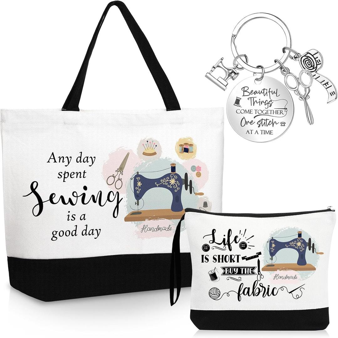 Dansydaisy 3 Pcs Sewing Lover Gift for Women Quilters Canvas Tote Bag Travel Cosmetic Bags Keychain Portable Makeup Zipper Pouch with Handle Funny Sew Shopping Christmas Birthday Gift