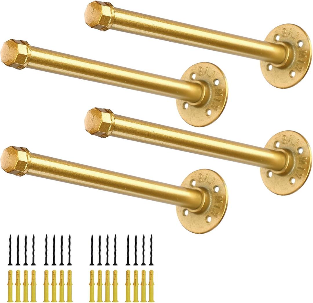 Gold Pipe Shelf Brackets 10 Inch, Industrial Metal Vintage Shelving Bracket, Wall Mounted DIY Iron Pipe Brackets for Floating Shelves, Set of 4