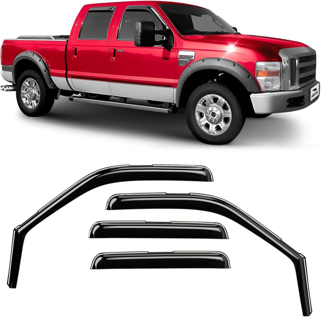 Voron Glass in-Channel Extra Durable Rain Guards for Ford F250 to F550 Super Duty 1999-2016 SuperCrew, Window Deflectors, Vent Window Visors, 4 Pieces - 200434