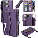 for iPhone 16 Pro Wallet Case for Women, Support Wireless Charging with RFID Blocking Card Holder, PU Leather Wallet Detachable Magnetic Phone Case Crossbody Strap, Purple