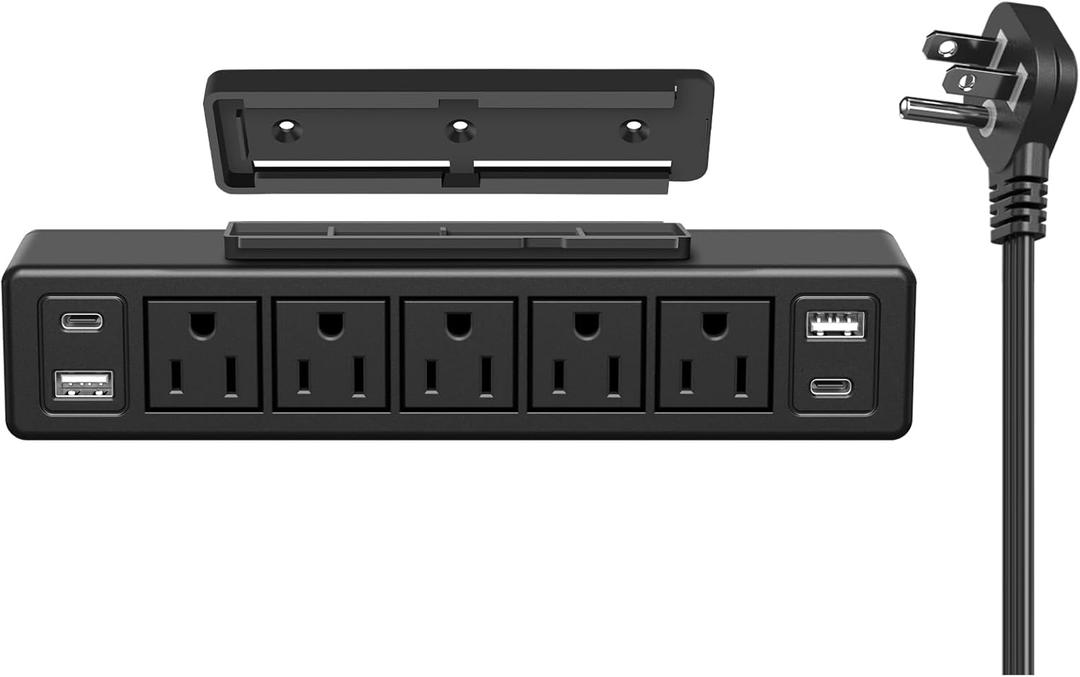 40W Under Desk Power Strip Mountable,20W USB-C Fast Charging Flat Plug Power Strip Surge Protector 1200J,9 in 1 Desk Outlet,5 Outlets,2 USB-C,2 USB-A,6FT Extension Cord Black (6FT Cord, Black)