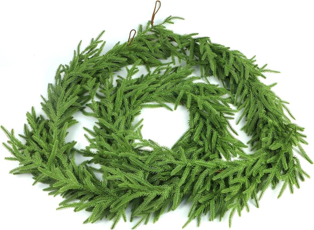 9FT Real Touch Artificial Norfolk Pine Garlands Green Artificial Greenery Garland Lifelike Faux Pine Branches for Christmas Holiday Decor, Indoor Outdoor Home Wedding Decoration (Green, 9FT)