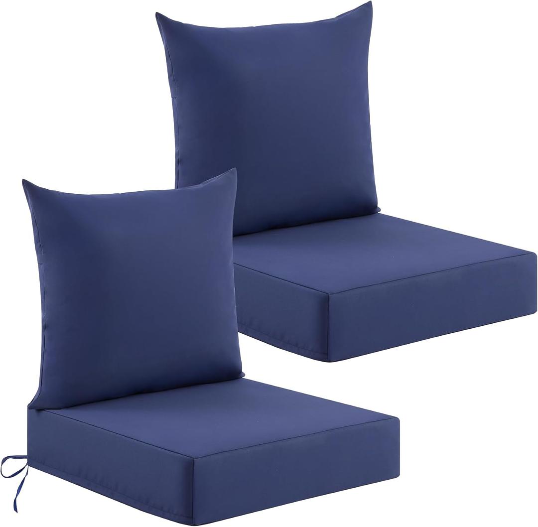 Deep Seat Patio Cushions Set of 2, 24x24x5.75 Inch, Waterproof Outdoor Chair Cushions, Fade Resistant Patio Furniture Cushions with Ties for Couch, Sofa, Lawn, Outside, Navy Blue, 24*24+5.75/25*22.5 inch