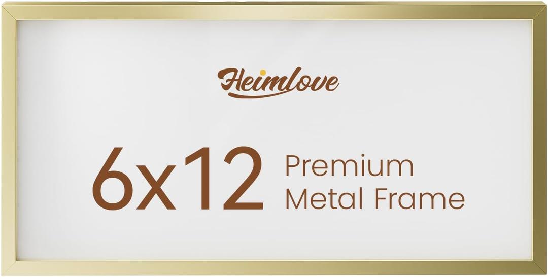 Heimlove 6x12 Aluminum Picture Frame, Metal Picture Frame Wall Mounting Horizontally or Vertically, Photo frame with Tempered Glass - Simple and Elegant Decor for Wall - 1 Pack - Gold