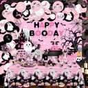 Booday Birthday Decorations 294 Pcs Pink Halloween Birthday Party Decorations Boo Balloons Happy Booday Backdrop Tableware for 24 People Bats Wall Decor