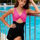 Funnycokid Girls One Piece Swimsuit Color Block Teen Bathing Suit with Pad Cover Up Skirt(7-16Y)