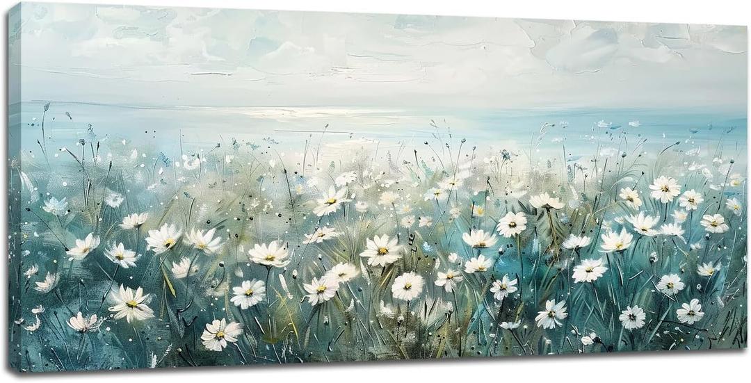 Coastal Daisy Floral Large Wall Art Rustic Wildflower Wall Decor Teal Blue Flower Field Beach Pictures Canvas Prints Painting Artwork Home Decoration for Restroom Bedroom Living Room 30"x60"