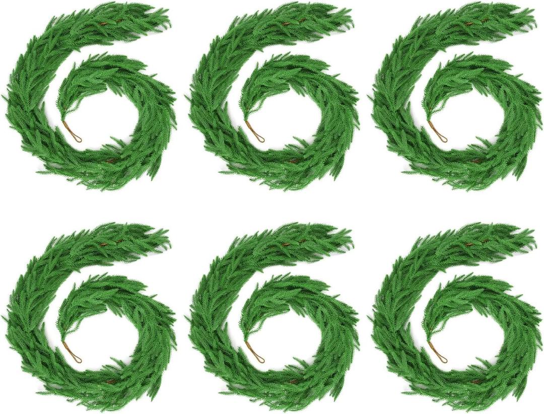 30 FT (6 * 5FT) Christmas Norfolk Pine Garland, Real Touch Dense Faux Greenery Garland for Mantle, Table, Wall, Indoor & Outdoor Christmas Decorations