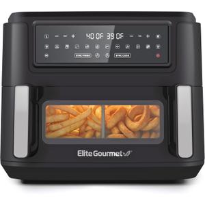 Elite Gourmet EAF1055D Dual Zone Air Fryer Oven, 11QT. Capacity with Divider, Sync Finish, Dishwasher Safe Basket, 10 Preset Functions, 1600-Watts, with Recipe Booklet, Black