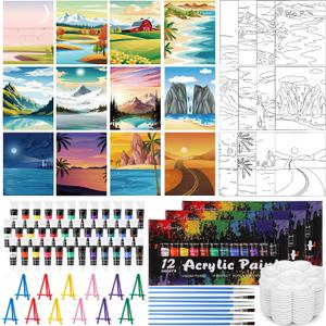 Sherr 108 Pcs 12 Set Landscape Sip and Paint Kit for Adults 8''x10'' Pre Drawn Canvas to Paint DIY Acrylic Painting Kit Pre Printed Canvas for Date Night Easter Mothers Day Party Team Building