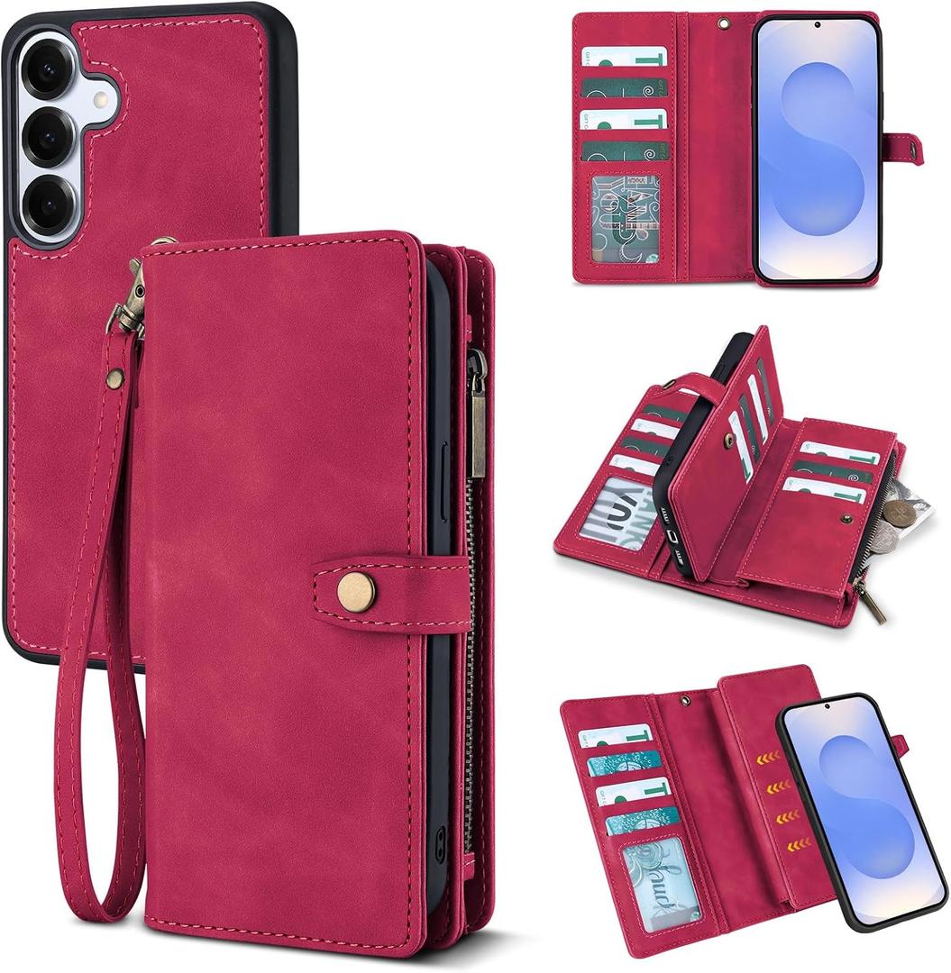 TwoHead for Samsung Galaxy S25 Wallet Case with Card Holder, Detachable Magnetic Phone Case for S25,PU Leather All-Round Protective Phone Case Wallet with Wrist Strap(6.2 in,Wine Red)