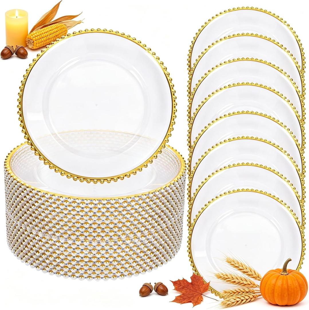 50pcs Clear and Gold Beaded Charger Plates for Wedding,12.5in