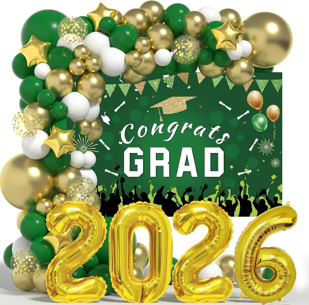 Graduation Decorations Class Of 2026: Green and Gold 2026 Graduation Decorations Balloon Arch Kit Congrats Grad Backdrop 136PCS Party Supplies for High School & College Celebrations