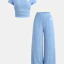 SOLY HUX Girl's Bow Print Short Sleeve T Shirt Pants Outfits (Blue)