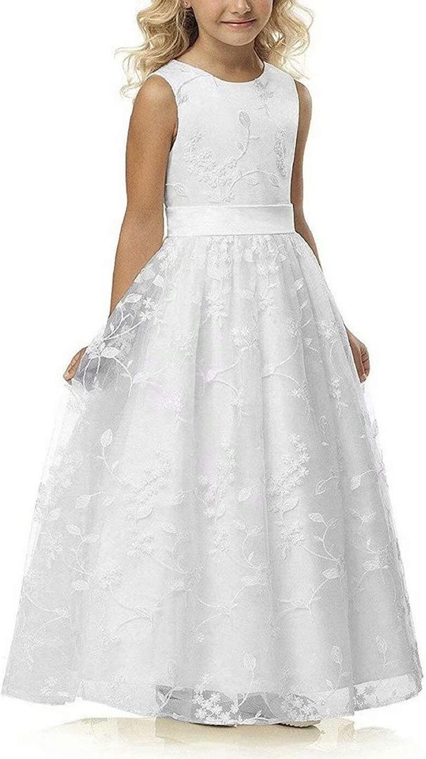 A line Wedding Pageant Lace Flower Girl Dress with Belt 2-12 Year Old (10, A-white)