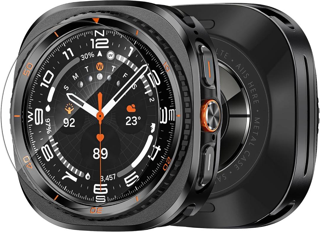 3 in 1 Metal Case for Samsung Galaxy Watch Ultra 47mm with Screen Protector, Rugged Metal Bumper with 9H Tempered Glass Film + Back Cover for Galaxy Watch Ultra 47mm