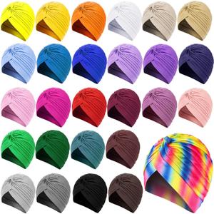 SATINIOR 27 Pieces Stretch Turbans Twisted Pleated Headwraps Assorted Colors Head Beanies India's Hair Covers Solid Head Coverings for Women Girls Sleeping Accessories, 27 Colors