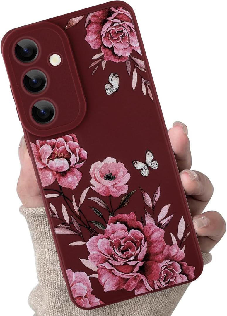 for Samsung Galaxy S24 Case, Cute Flower Floral Butterfly Design for Women Girls Soft TPU Protective Phone Case Slim Fit Shockproof Phone Cover - Wine Red Rose