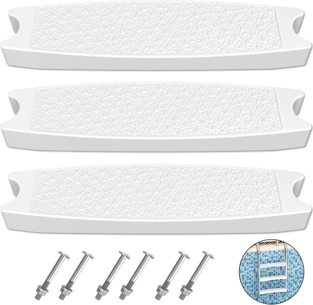 Goovilla Pool Ladder Steps Replacement, (3-Pack) 18" Universal Heavy-Duty Molded Plastic Swimming Pool Ladder Rung Step with 6 PCS Stainless Steel Bolts for Inground and Above Ground Pools, White