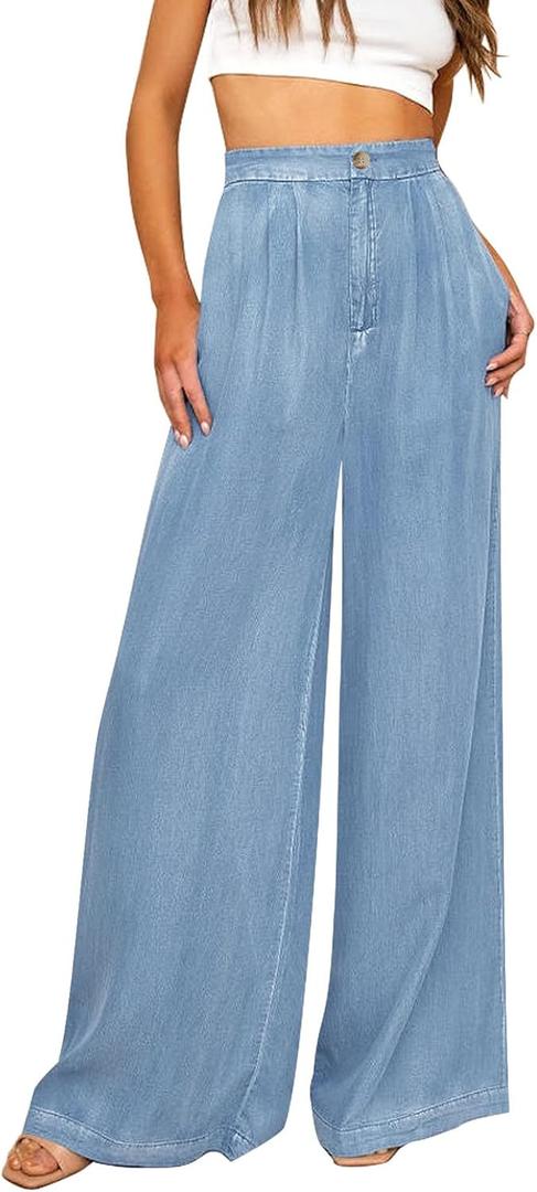 GRAPENT Wide Leg Pants for Women High Waisted Jeans Palazzo Pants Lightweight Summer Beach Flowy Trousers Y2K (Medium, Air Blue)