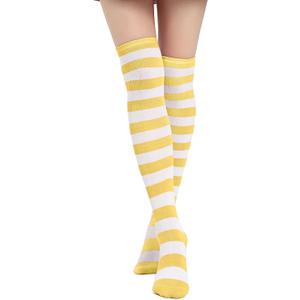DAZCOS Striped Thigh High Socks Elastic Over The Knee Knit Stockings for Halloween Christmas Daily and Cosplay (One Size, Yellow+white)