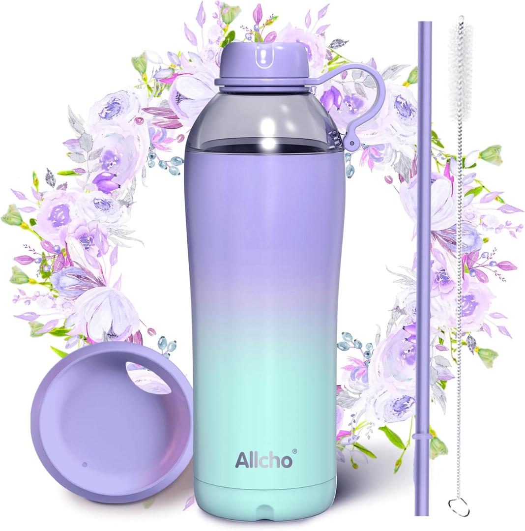 Allcho Insulated Water Bottle for Women, 18oz Stainless Steel Leak Proof Tumbler with 2 Lids, BPA-Free Tritan Chug & Straw Lid, Double Wall Vacuum Flask (Lavender Meadow)