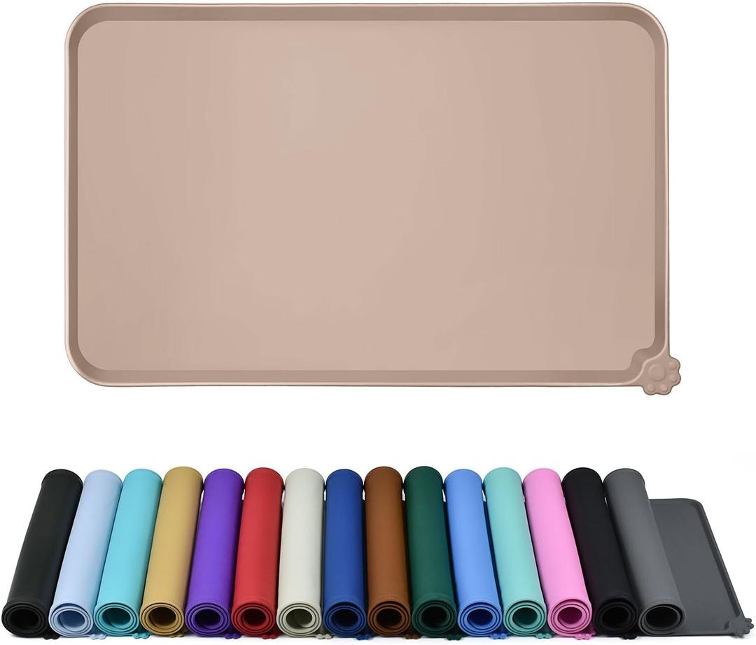 Reopet Waterproof Pet Feeding Mat, Non-Slip Silicone Placemats for Dog Cat Food and Water Bowl, High Raised Edges to Prevent Spills and Protect Floors (22" x 14", Taupe)