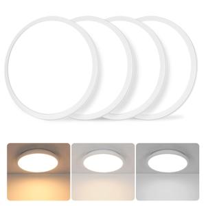 DELIPOP 4 Pack 12 Inch Ceiling Light, 24W Dimmable & 3000K-4500K-6000K 3 Color Selectable Ceiling Light for Indoor/Outdoor, Round Light Fixture for Bathroom, Bedroom, Kitchen, Hallway, Balcony