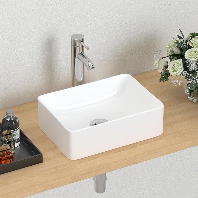 JFAMILY 14.5'' x 10.6'' Small Vessel Sink Bathroom Above Counter White Porcelain Ceramic Rectangular Sink Bowl Small Vanity Sink Lavatory Wash Hand Basin
