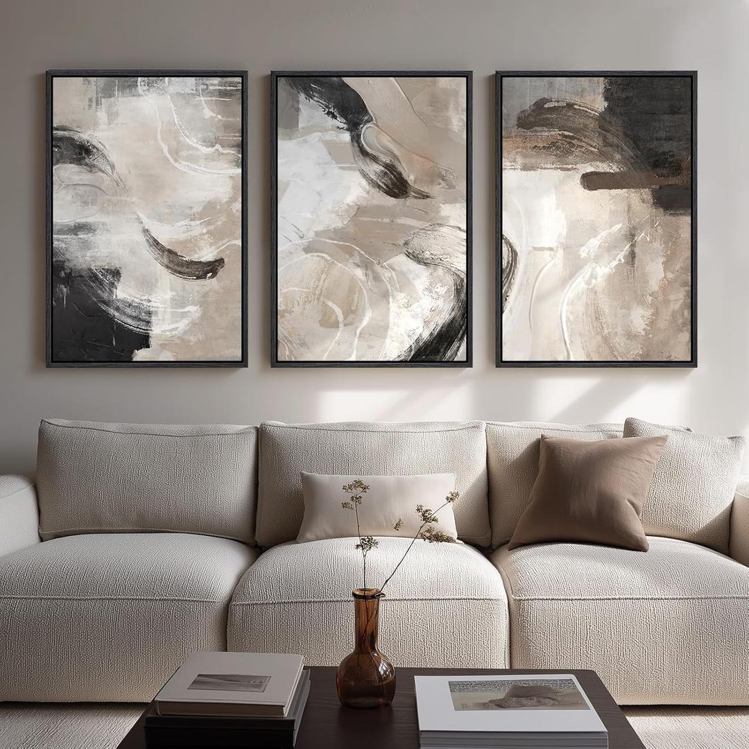 Large Framed Neutral Abstract Wall Art for Living Room, 3 Piece Modern Canvas Prints Paintings Artwork for Walls, Black Beige Brown Neutral Tone Pictures for Hallway Bedroom Office Wall Decor 24x36 In