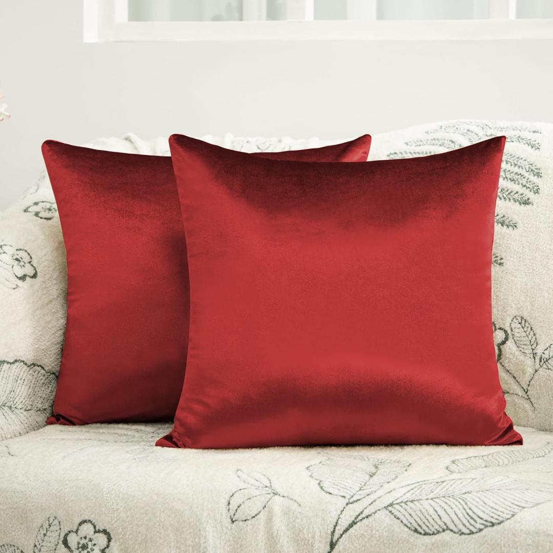 2 Pack Red Velvet Pillow Covers, 24x24 Inches Decorative Cushion Covers for Couch Sofa Bed, Super Soft and Cozy Luxury, Zippered Design