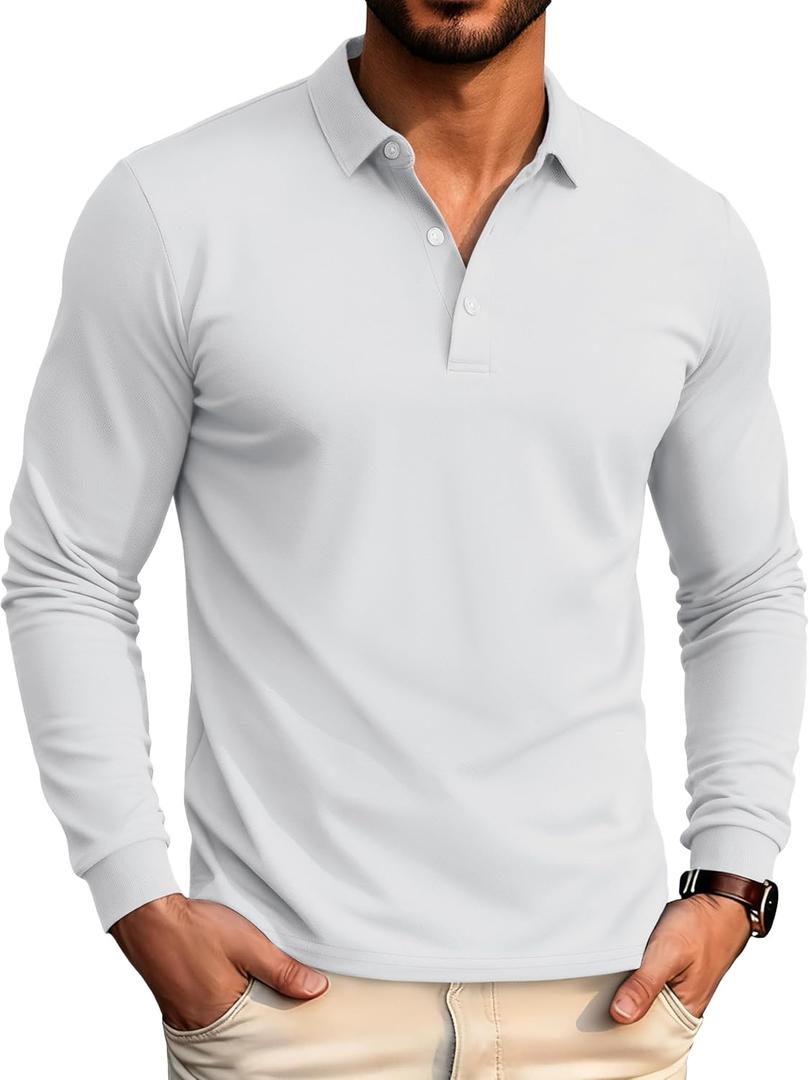 MAGCOMSEN Men's Polo Shirt Long Sleeve Golf Shirts Quick Dry Lightweight 3-Button Performance Work Fishing Athletic (Large, White)