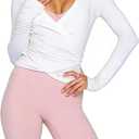 Women Wrap Top Thumb Hole Long Sleeve Self Tie Workout Shirt Pilates Ballet Yoga Tops (Small, White)