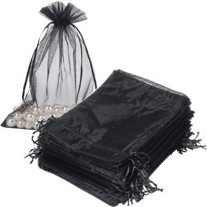 HRX Package Black Organza Bags 6x9 inch 100pcs, Mesh Candy Bags Jewelry Gift Pouches Drawstring Empty Sachet for Halloween Present Giveaways (Black)