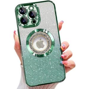 Misscase Case for iPhone 15 Pro Compatible with MagSafe,Full Protection Slim Shockproof Anti-Scratch Magnetic Glitter Case with Camera Lens Protector Logo View Dust-Proof Net for Women Green